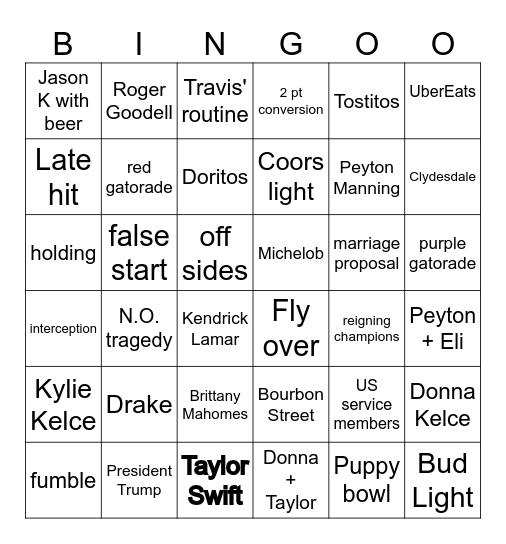 Superbowl 2025 Bingo Card