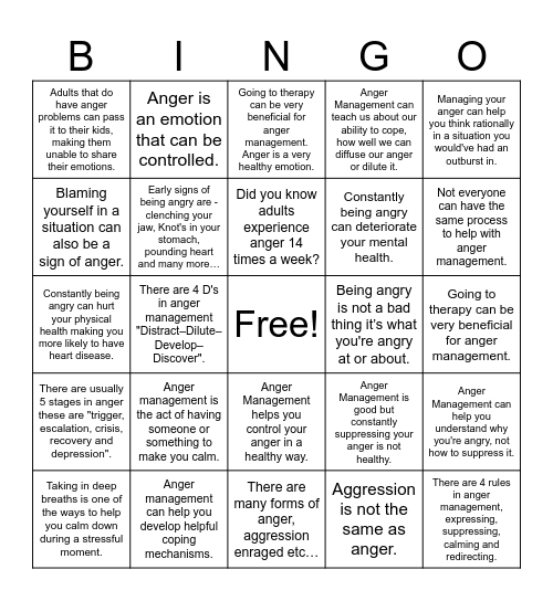 Anger Management Bingo Card