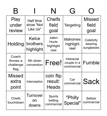 Super Bowl Bingo Card