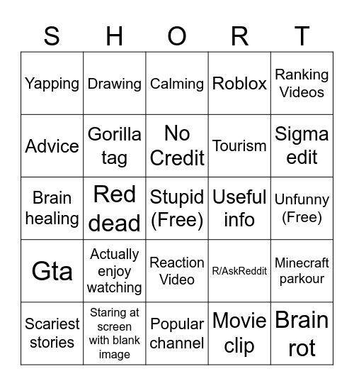 Shorts Bingo Card