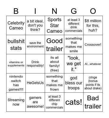 Superbowl Ad Bingo Card