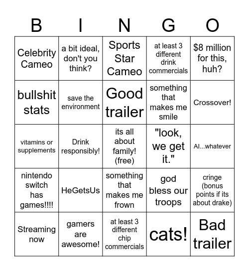 Superbowl Ad Bingo Card