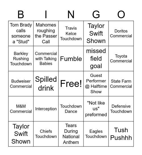 SUPER BOWL 2025 Bingo Card