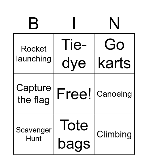 Kids Camp 2025 Bingo Card