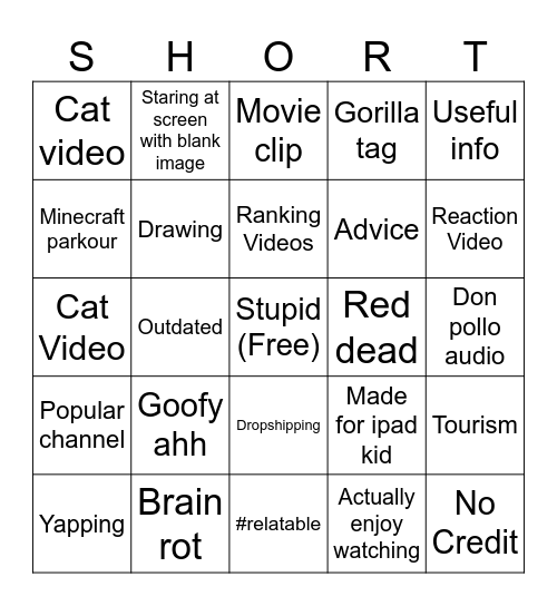 Shorts Bingo Card