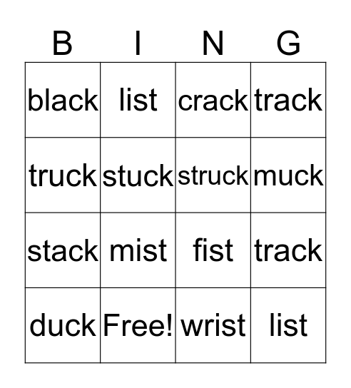 Short Vowel Sounds with Consonant Clusters Bingo Card