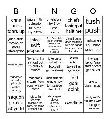 Super Bowl Bingo Card