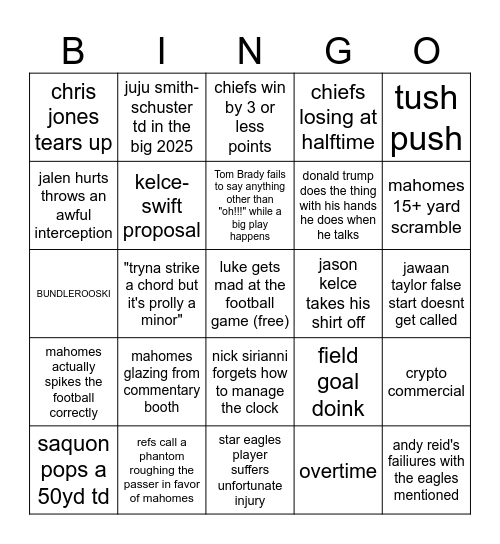 Super Bowl Bingo Card