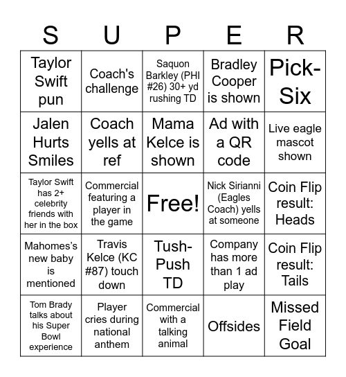 Super Bowl LIX Bingo Card