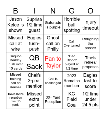 Superbowl Bingo Card