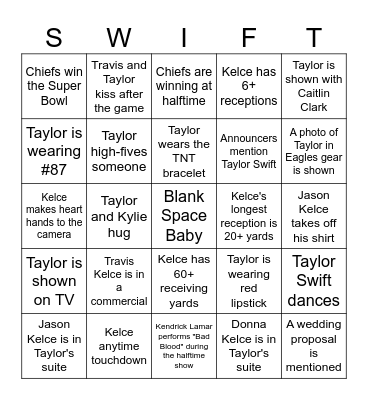 Larson Superbowl 2025 - Bingo Taylor's Version Bingo Card