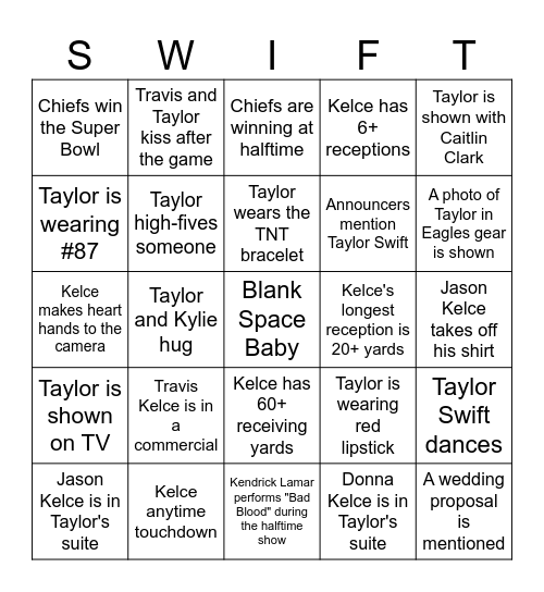 Larson Superbowl 2025 - Bingo Taylor's Version Bingo Card