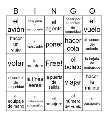 "En Avión" Vocabulario 1 BINGO Card