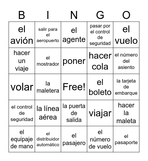 "En Avión" Vocabulario 1 BINGO Card