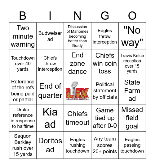 Super Bowl 2025 Bingo Card