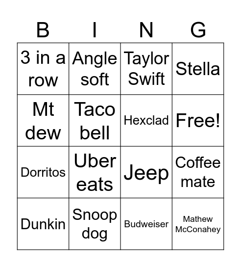 Superbowl Bingo Card