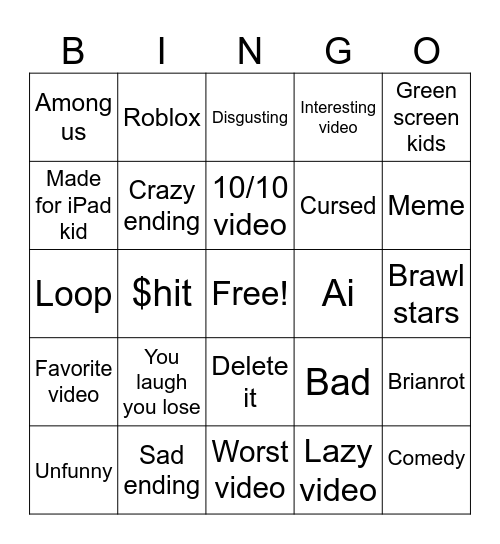 YouTube shorts Bingo Card
