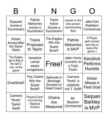 Super Bowl Shuffle Bingo Card