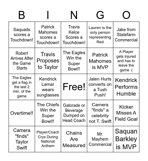Super Bowl Shuffle Bingo Card