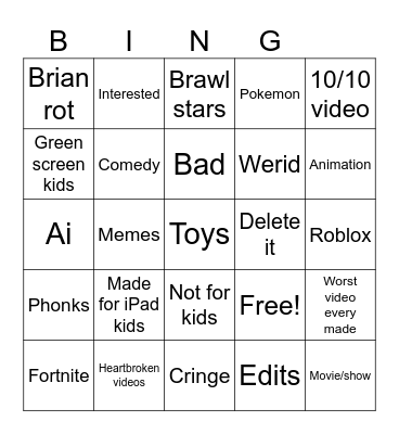 YouTube shorts Bingo Card