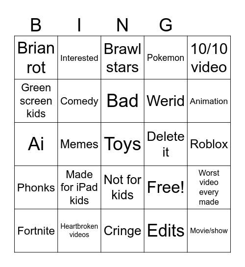 YouTube shorts Bingo Card