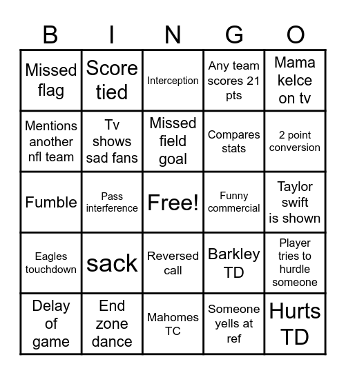 Super Bowl 2025 Bingo Card