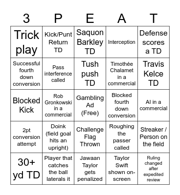 Super Bowl Bingo Card
