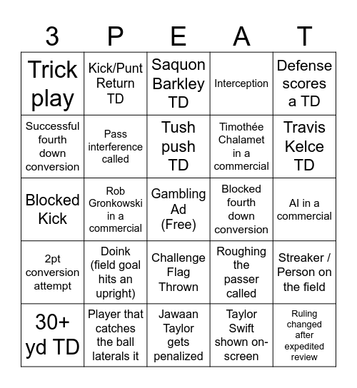 Super Bowl Bingo Card