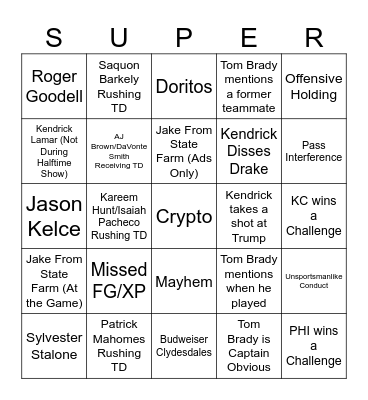 Super Bowl Bingo Card