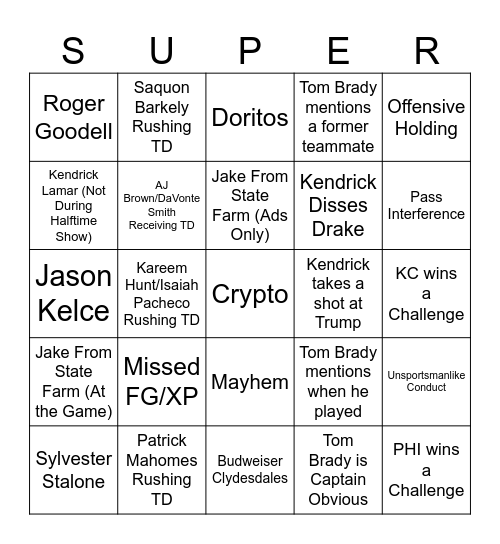 Super Bowl Bingo Card