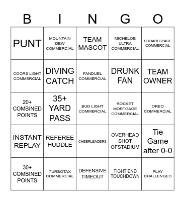 Superbowl 2025 Bingo Card