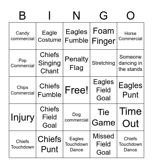 Super Bowl Bingo Kids Bingo Card