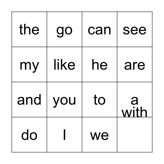Sight Word Bingo Card