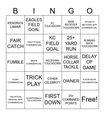SUPERBOWL BINGO 2025 Bingo Card