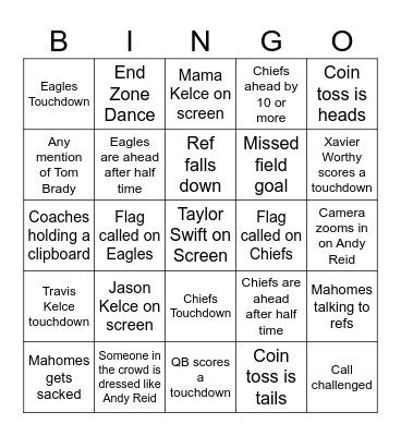 Superbowl Bingo Card
