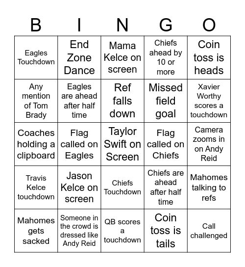 Superbowl Bingo Card