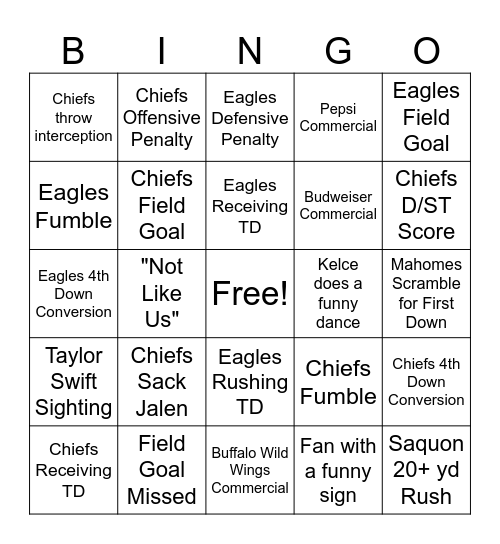 Super Bowl Bingo Card
