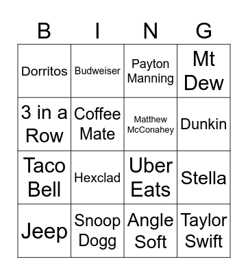 Superbowl Bingo Card