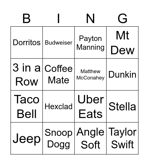 Superbowl Bingo Card