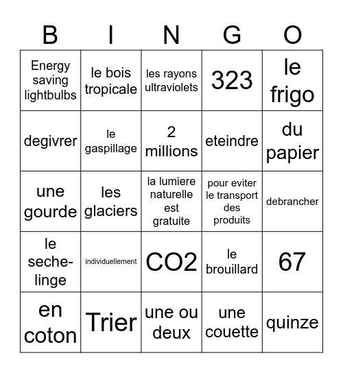 Fr 4 Unite 2 L'environnement, Jeu #2 Bingo Card