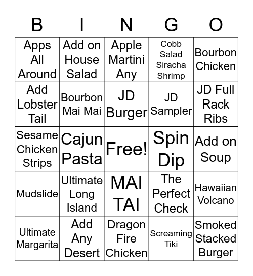 TGI Fridays Bingo Card