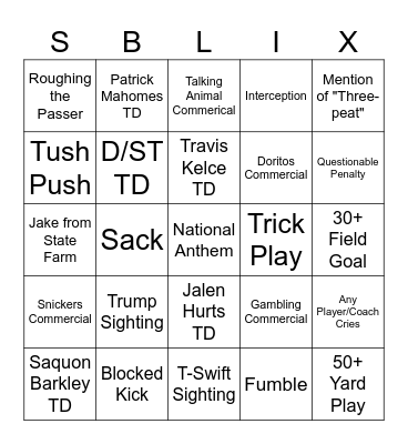 Super Bowl Bingo Card