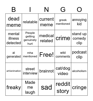 instagram reel Bingo Card