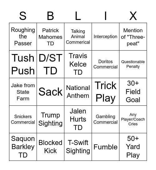 Super Bowl Bingo Card