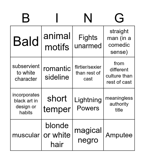 Black Character Bingo Card