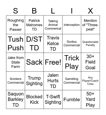 Super Bowl Bingo Card