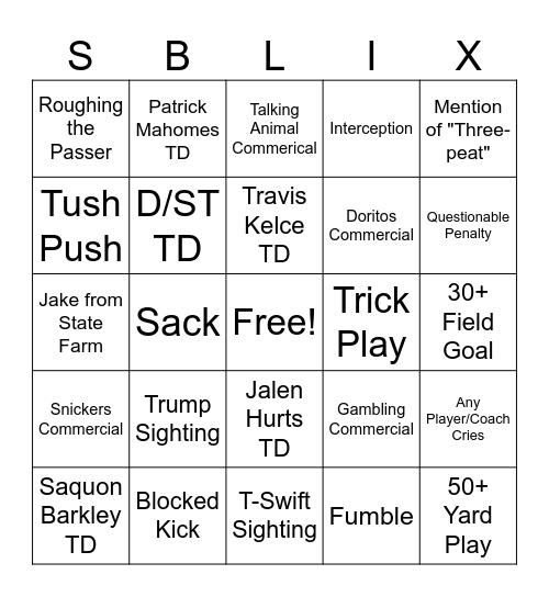Super Bowl Bingo Card