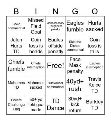 Super Bowl Bingo Card