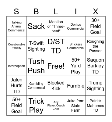 Super Bowl Bingo Card