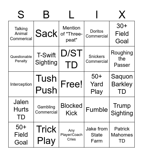 Super Bowl Bingo Card